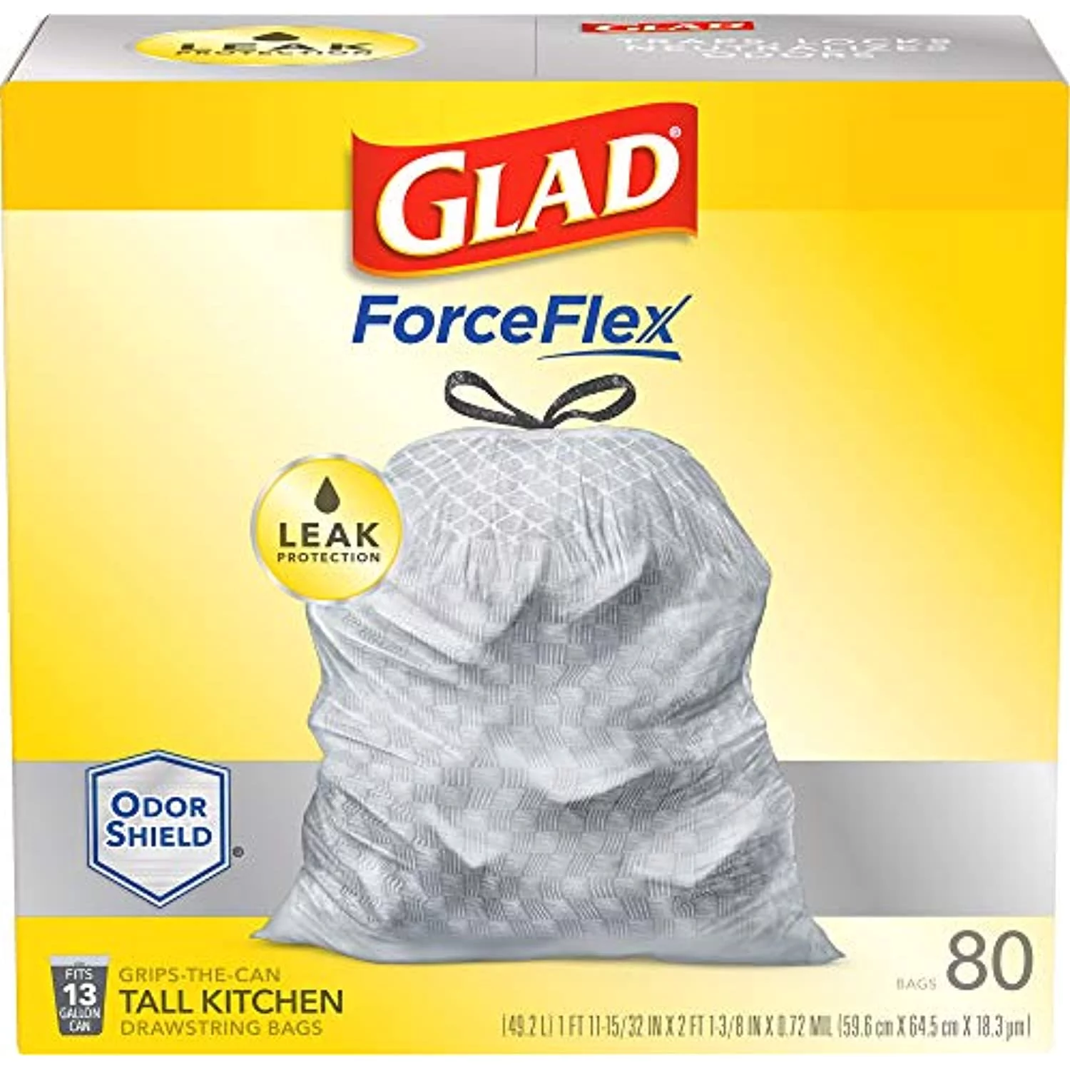 Glad Forceflex Tall Kitchen Drawstring Trash Bags 13 Gallon Grey Trash Bag, Unscented 80 Count (Package May Vary)
