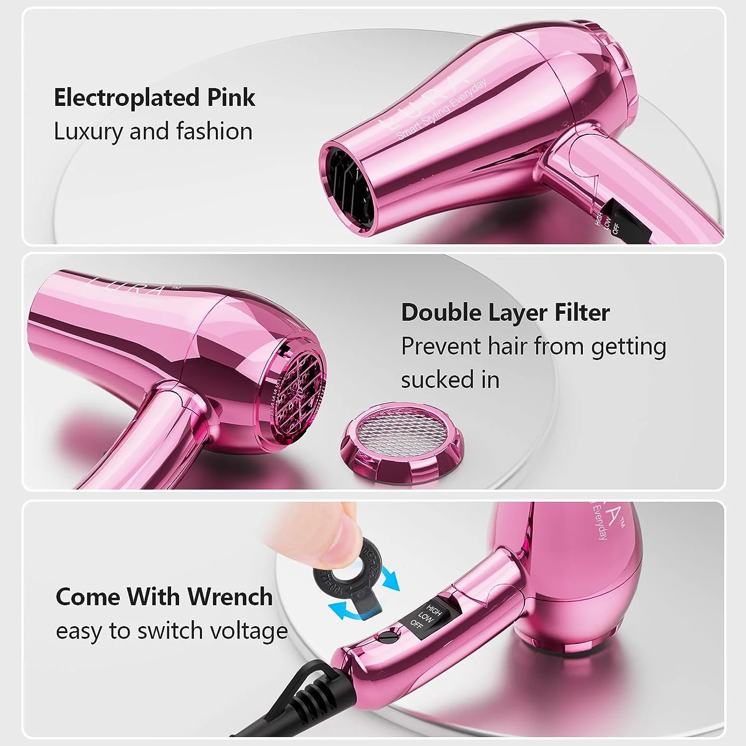 Lura Portable Travel Hair Dryer Dual Voltage Small Mini Blow Dryer with EU Plug Folding Handle,with Concentrator & Diffuser Attachment