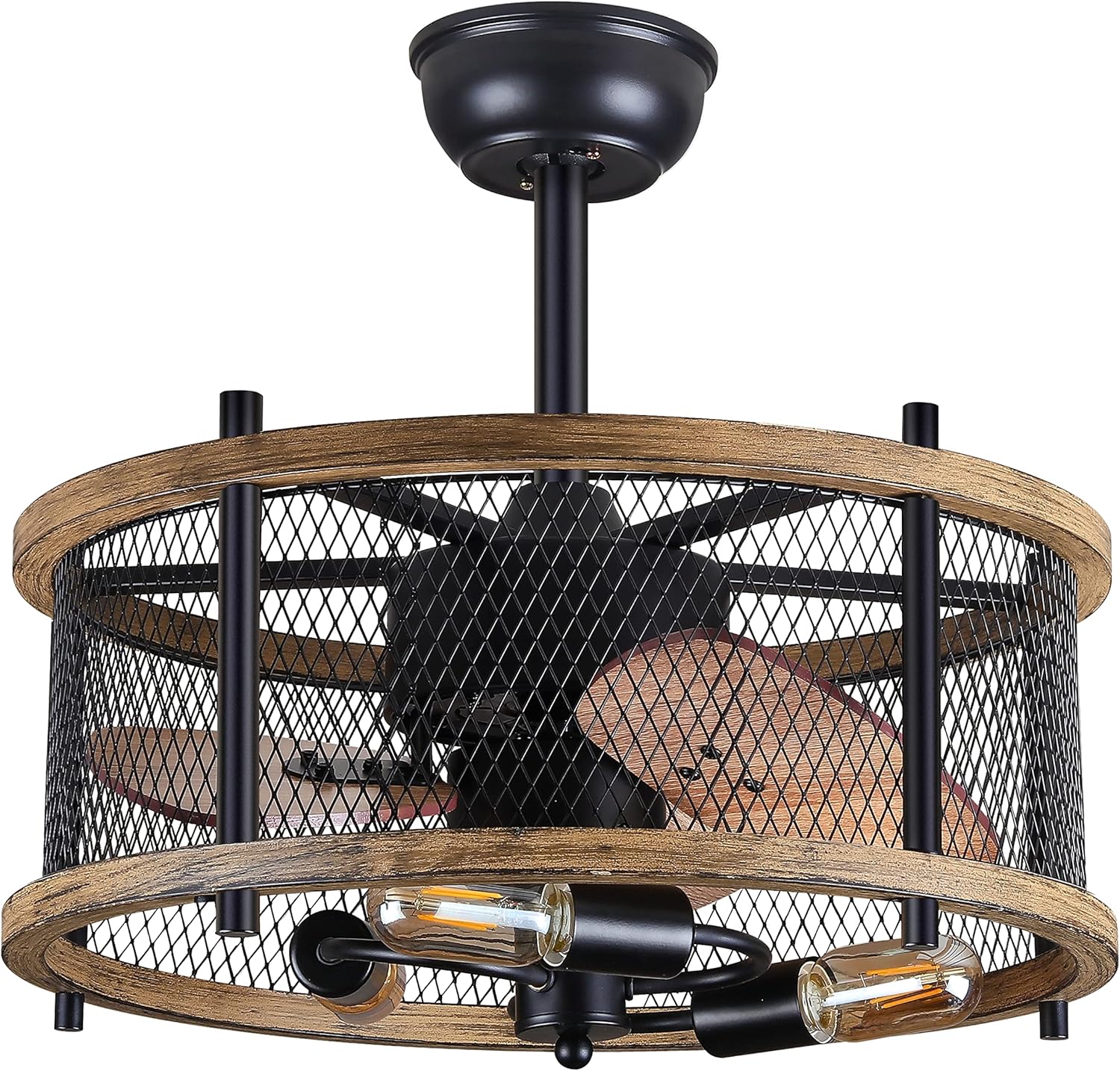 20-inch Industrial Caged Ceiling Fan with Lights Remote Control, Reversible,Modern Enclosed Bladeless Ceiling Fan Indoor, Rustic Vintage Metal Cage Fandelier Ceiling Fan (Mesh,Bulbs Included)