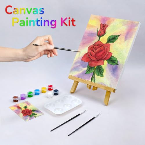 VOCHIC Paint and Sip Kit, Rose Pre Drawn Canvas Painting Kit for Adults Kid Painting Twist Party Supplies for Beginner Gift Favor, 8 Acrylic Colors, 3 Brushes,1 Pallet,1 Image Art Craft Set(8x10)