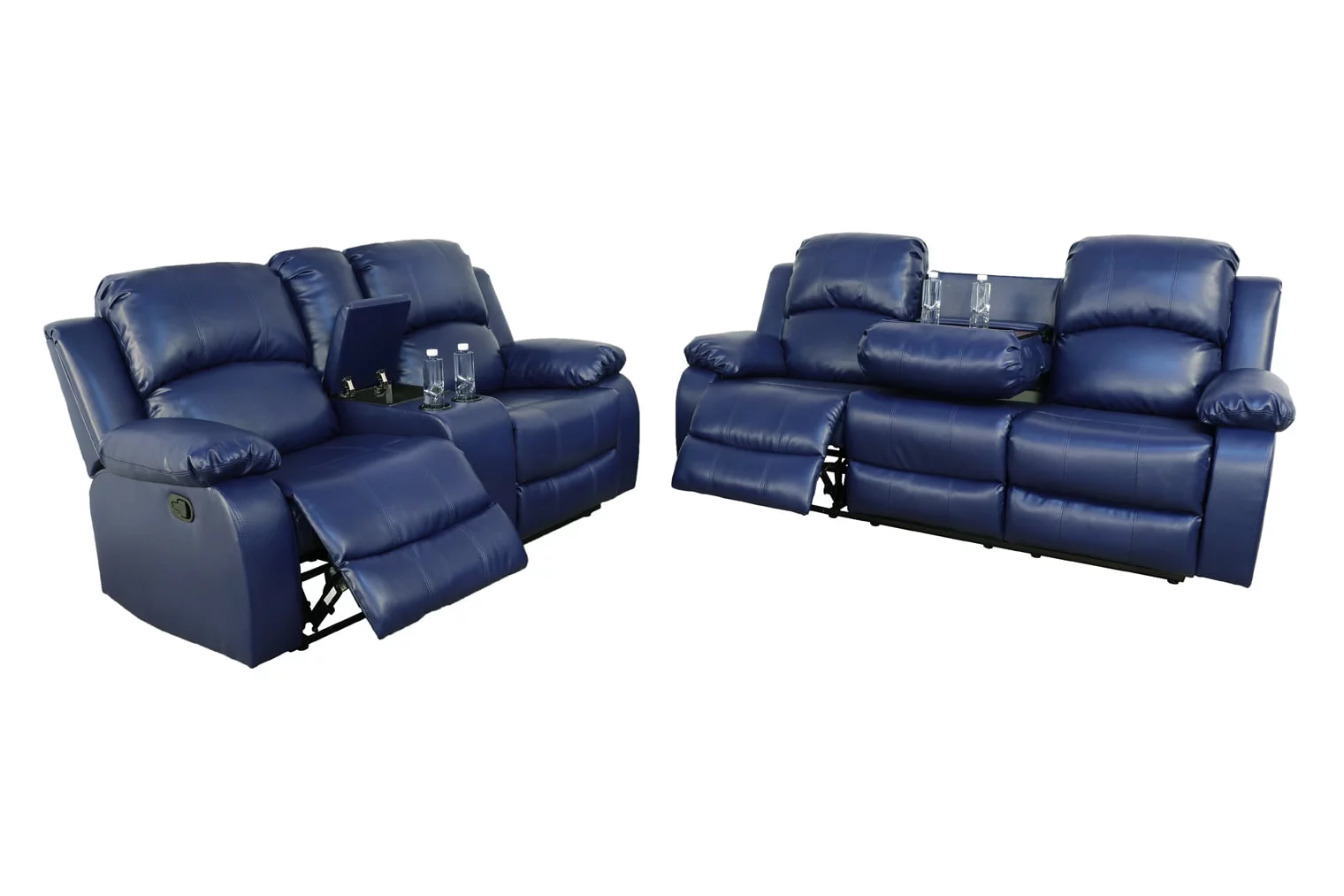 Ainehome Recliner Living Room Set, 2 PCS Sofa & Loveseat Set with Drop Down Table & Central Console for Living Room (Blue, Bonded Leather)
