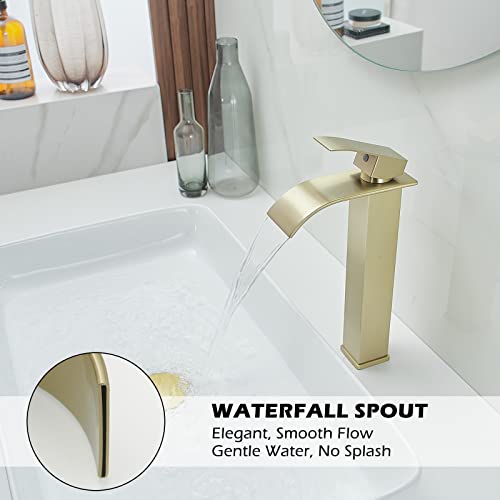 BWE Vessel Sink Faucet Modern Waterfall Chrome Single Hole Bathroom Faucet Single Handle with Pop up Drain Without Overflow Assembly Vanity Basin Bath Sink Faucets Mixer Tap
