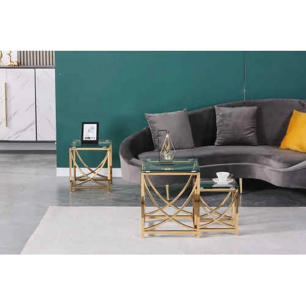 VREKEF 3 Pieces Gold Square Nesting Glass End Tables- Small Coffee Table Set- Stainless Steel Small Coffee Tables with Clear Tempered Glass- 18