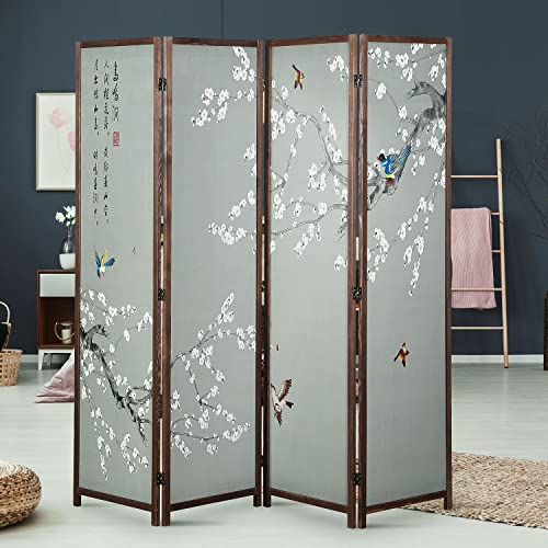 MyGift 4-Panel Asian-Inspired Folding Room Divider with Cherry Blossom Tree & Bird Design Poetry Calligraphy and Brown Wooden Frame 78''W x 70.5''H(6FT)