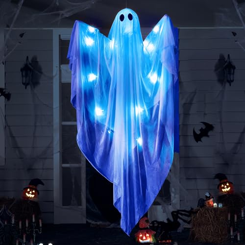 JOYIN Halloween Hanging Light up Ghost with Spooky White LED Light, 47” Halloween Hanging Ghost Decoration for Front Yard Patio Lawn Garden Party Decor Indoor Outdoor