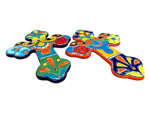 Talavera Cross Sculpture Folk Art Multicolor Mexican Pottery Home Decor Hand Painted Handmade Indoor Outdoor 12
