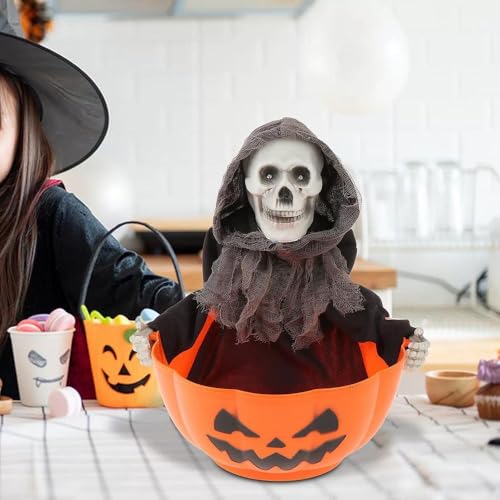 Halloween Candy Bowl, Halloween Animated Skeleton Candy Dish with Motion Activated, Screaming Skull Candy Holder, Screaming Witch Holder with Light up Red Eyes and Creepy Sound Scary