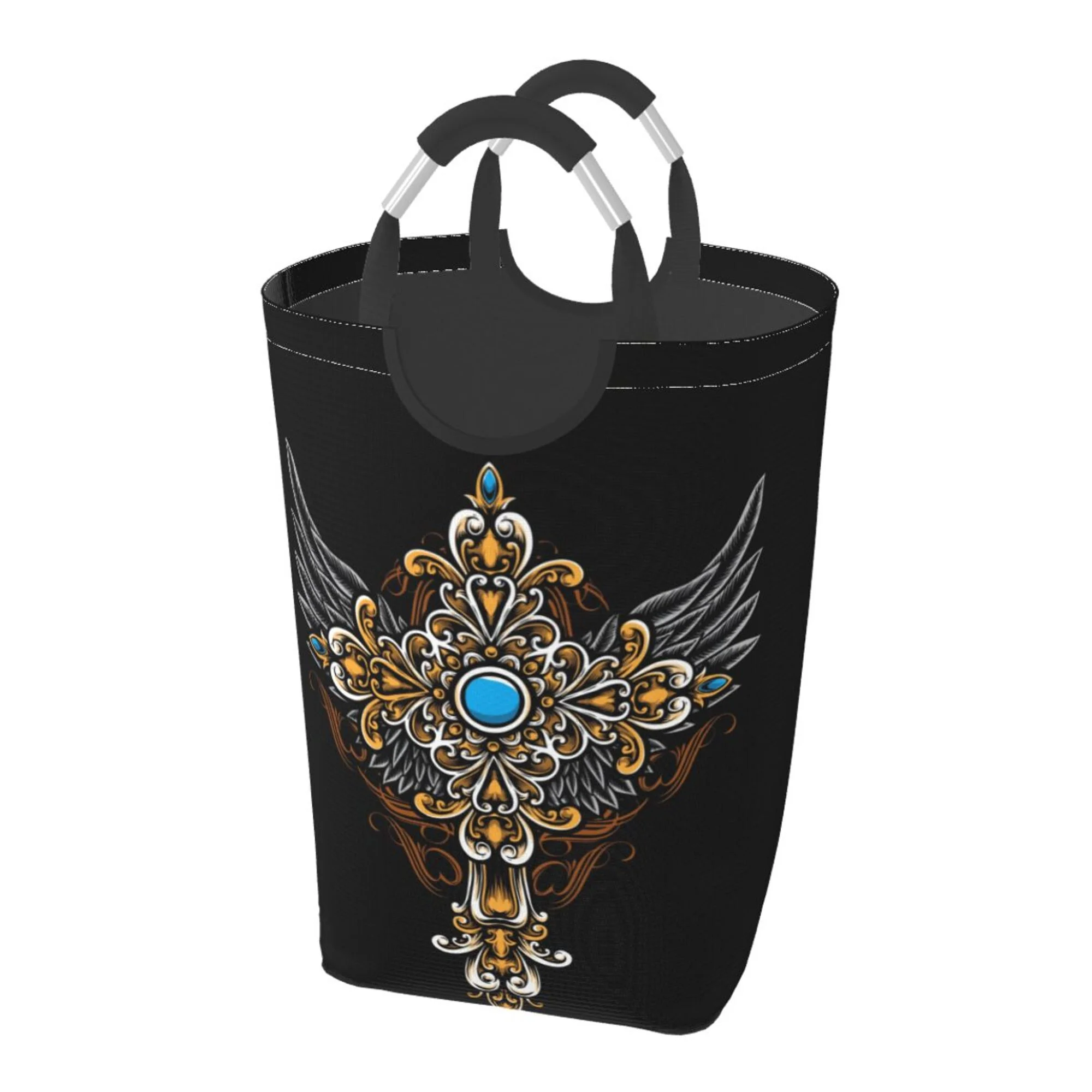 DouZhe 50L Rectangular Laundry Basket, Vintage Gothic Cross Ornament Prints Waterproof Foldable Laundry Hamper with Aluminum Handles