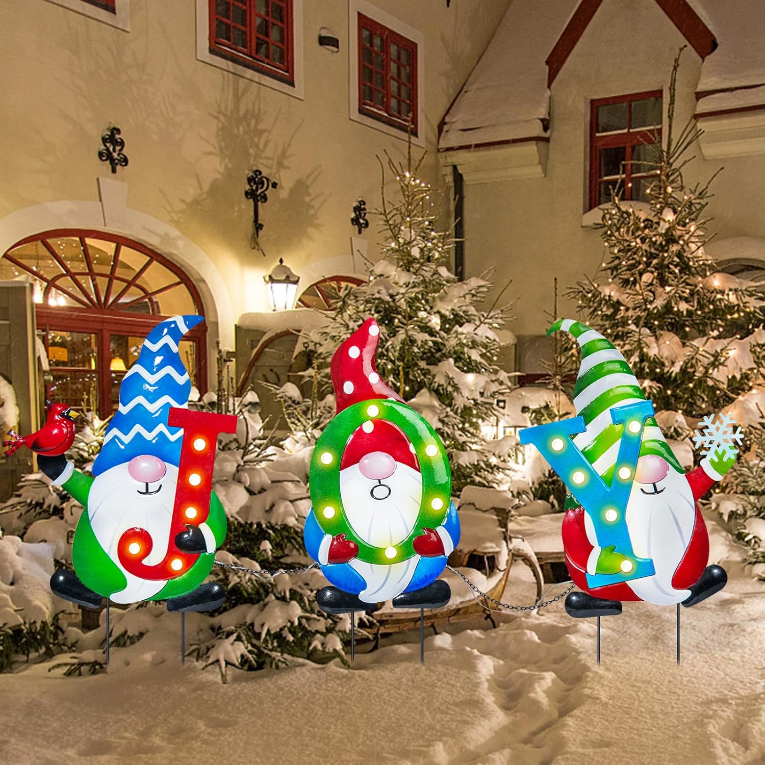 Outdoor Christmas Decorations,3 PCS Christmas Yard Stakes, Metal Yard Signs, Xmas Gnomes with JOY and Led Light Christmas Yard Decorations for Lawn Party Decorations
