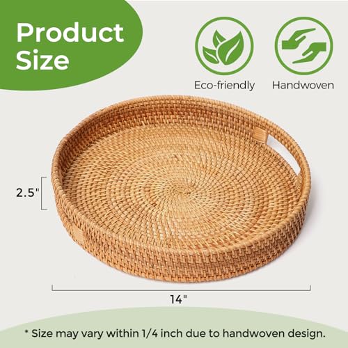 14 Inch Round Serving Tray, Round Trays Home Decor, Decorative Trays for Home Decor with Cut Out Handles, Ottoman Tray for Living Room, Round Wicker Basket for Serving Storage Coffee Fruits Drinks
