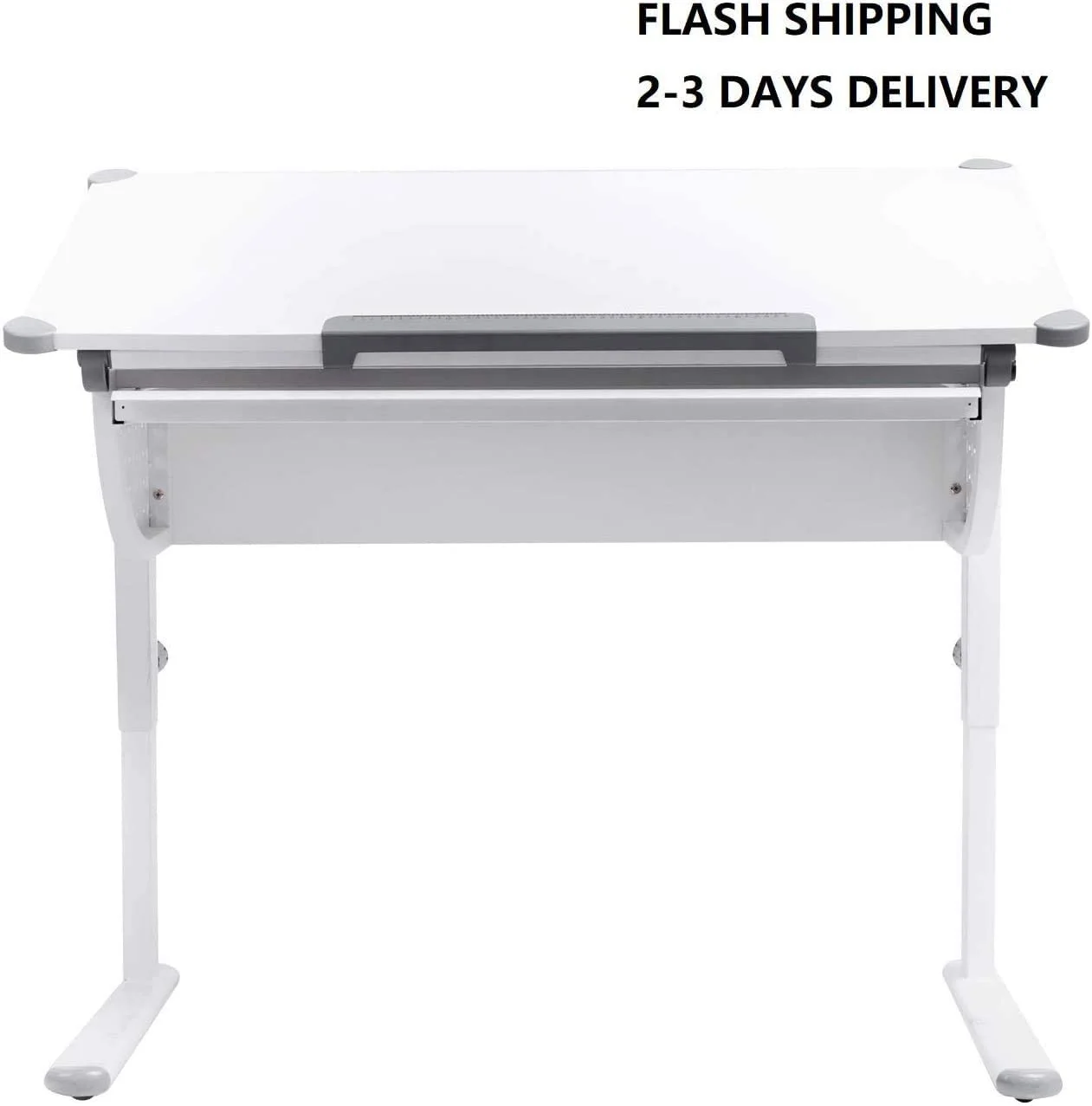 Adjustable Height Study Table 20”-32” for Students/Kids Computer Desk, Home Office Desk with Tilting Desktop, Ruler and Storage, White