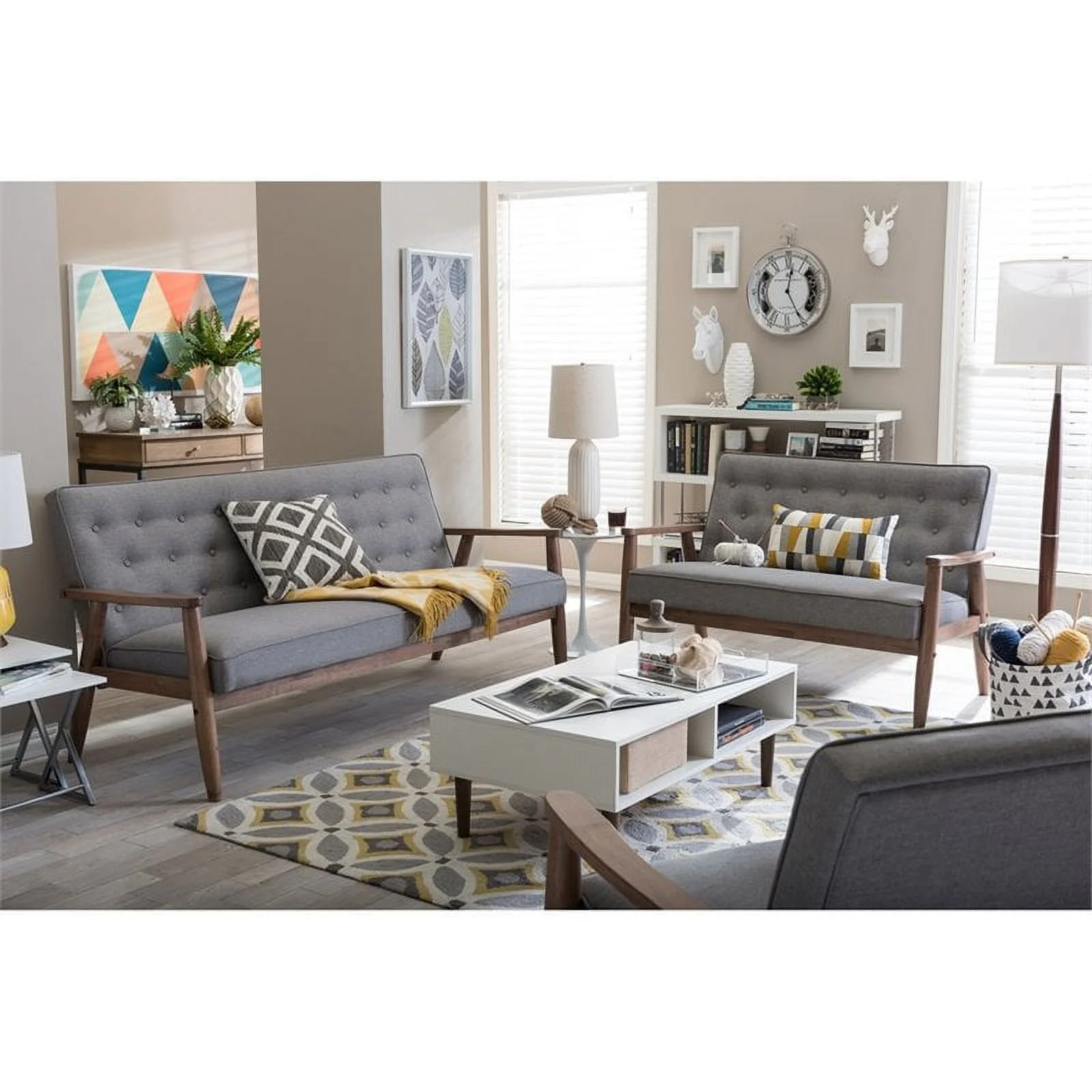 Home Square 2 Piece Tufted Sofa Set with Sofa and Loveseat in Gray and Walnut