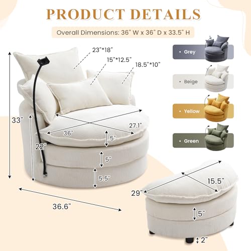 Swivel Barrel Accent Sofa Chair with Phone Holder & Storage Ottoman, 360 Degree Modern Comfy Corduroy Oversized Leisure Chaise Lounge Arm Chair for Nursery, Living Room, Hotel, Bedroom, Office, Beige