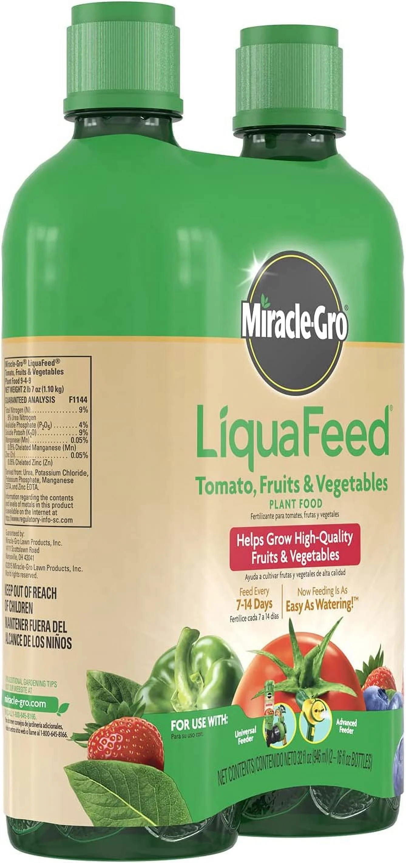Scotts Miracle Gro 1004402 Liquafeed Tomato, Fruit, & Vegetable Food, 9-4-9, 2-Pk. - Quantity 6