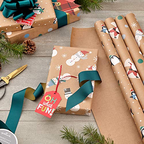 Hallmark Christmas Wrapping Paper Bundle with Cut Lines on Reverse, Kraft (Pack of 4, 88 sq. ft. ttl) Red Trucks, Snowflakes, Stripes, Merry Christmas (5JXW1038)