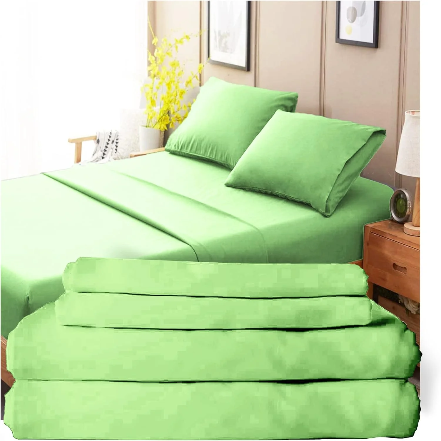 300 hread Cou Bed Shees For Size Bed | Mi Gree, 4 Pcs Kig Size Bed Shees Se | 100% Coo | Exra Log Saple Yars | Saee Weave  Bed Shees & Pillowcases