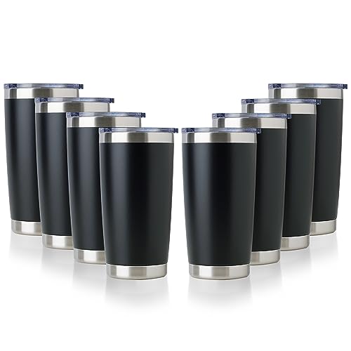 DOMICARE 20oz Stainless Steel Tumbler Bulk with Lid, Double Wall Vacuum Insulated Travel Mug, Powder Coated Coffee Cup, Powder Black, 8 Pack