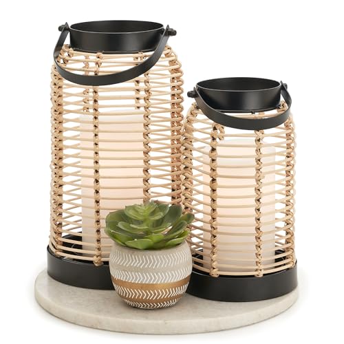 Natural Rattan Boho Lanterns - Handcrafted Decor to Enhance Your Home - Modern Farmhouse Beauty Perfect for Any Living Room, Patio & Porch, Indoor and Outdoor Coffee Table or Kitchen Dining Table