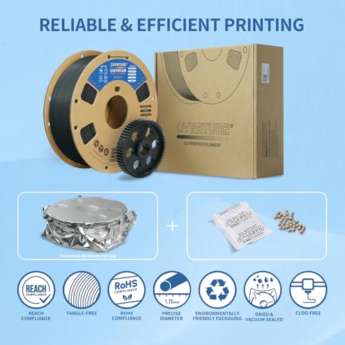 OVERTURE Nylon Filament 1.75mm 3D Printer Filament, Polyamide (PA) 1kg Spool (2.2lbs), Dimensional Accuracy +/- 0.02 mm, Fit Most FDM Printer (Black)