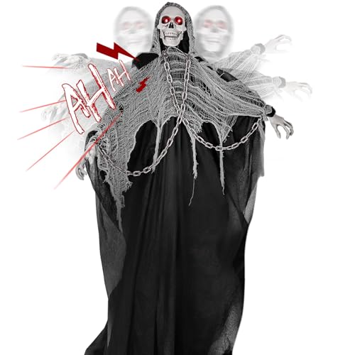 74'' Halloween Outdoor Decorations Prop, Life Size Sound Activated Skeleton Ghost with Adjustable Arms Light Up Eyes Scary Halloween Animatronic for Haunted House Decorations Yard Lawn Decor
