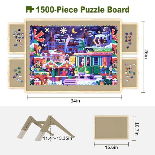 Jigsaw Puzzle Board 1500 Pieces, 2-in-1 Tilting and Rotating Puzzle Board with Drawers and Cover, Wooden Portable Puzzle Board for Adults, Board Game Table for All Ages