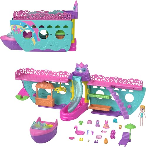 Polly Pocket Portable Boat Playset with Water Play and Color Change Accessories, Unicorn Dream Cruise Includes 1 Doll and 23 Total Pieces (Amazon Exclusive)