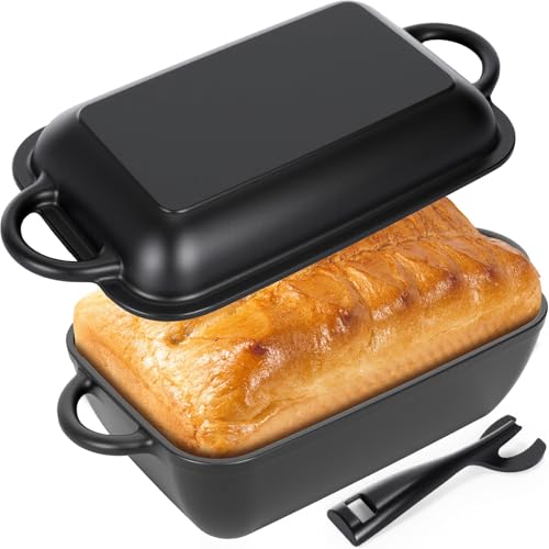 Maxdot Cast Iron Bread Loaf Pan with Lid 5.7 QT Dutch Oven for Sourdough Bread Baking Non-stick Loaf Pans with Dual Handles, Lid Lever for Homemade Baking,cooking and Roasting, Dishwasher Safe, Black