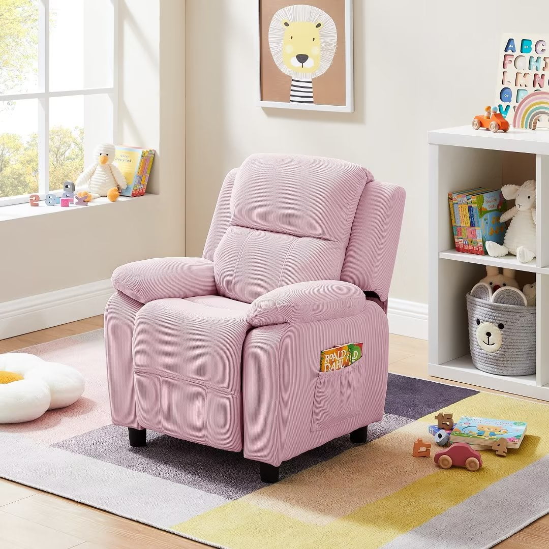 Ulax Furniture Kids Recliner Chair Adjustable Kids Lounge Recliner Couch with Footrest, Storage Arms, Side Pockets for Girls Boys, Pink