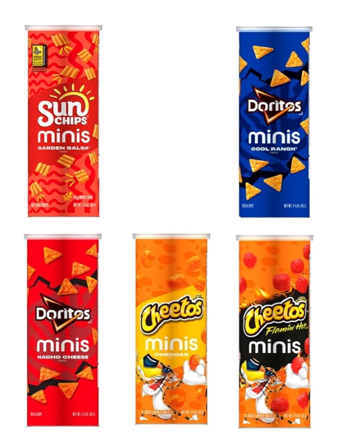 Sunchips, Cheetos, and Doritos Variety Pack, Minis Canisters, 5 Pack