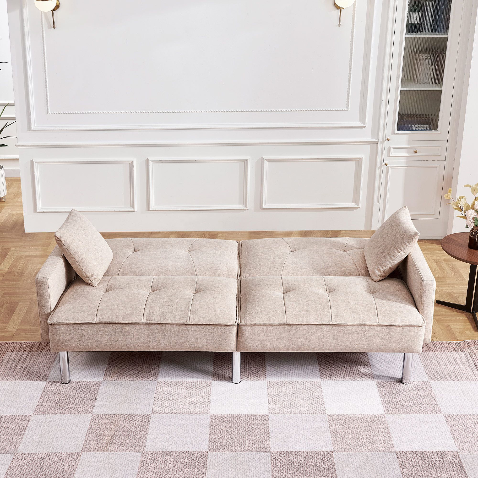 Moootto  84.6 in. Extra Long Modern Tufted Beige Fabric Futon Adjustable Sofa Bed & Folding Daybed Guest Bed, Upholstered Modern Convertible Sofa