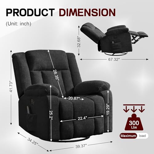 Rocker Recliner, Glider Recliner Chairs for Adults, 360° Swivel Rocking Chair with Massage and Heating, Nursery Chair with Storage and USB Charging for Living Room, Bedroom, Nursery