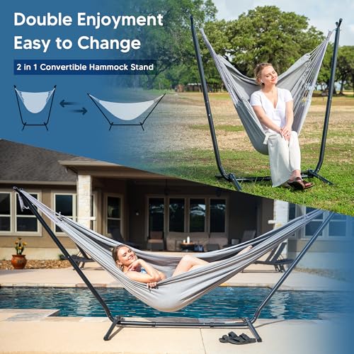 SUNCREAT 2-in-1 Hammocks Hammock Chair with Stand, 475 lbs Capacity, Heavy Duty Two Person Hammock with Stand, Patent Pending, Blue Stripe