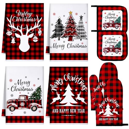 Leinuosen 8 Pcs Christmas Kitchen Decoration Set Christmas Tree Kitchen Towels Oven Mitts and Pot Holders Red Black Buffalo Plaid Dish Towels Oven Mitts Accessories for Baking Cooking(Colorful,Star)