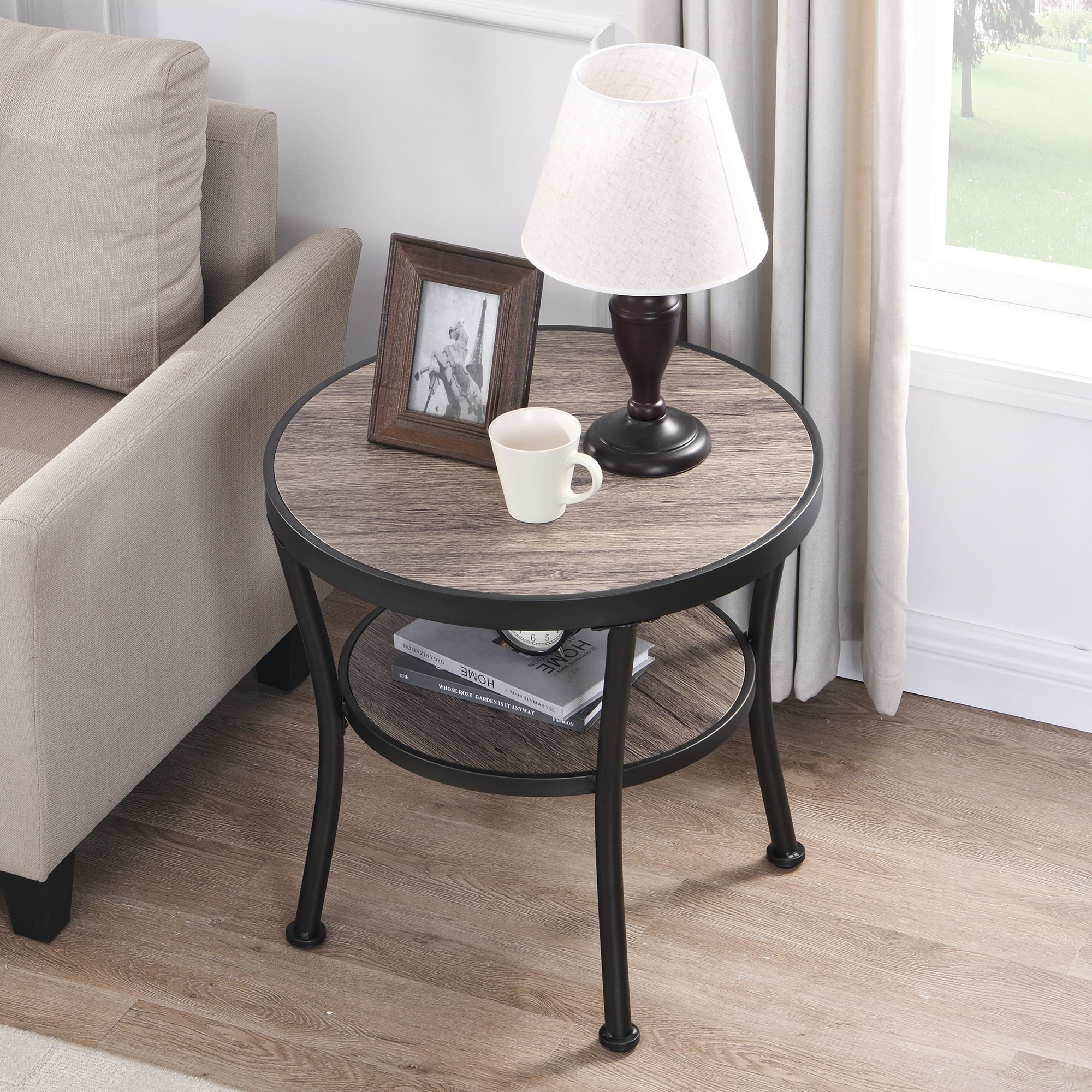 Myhozm Rustic Round End Table with Storage, Industrial  Side Table for Living Room Grey