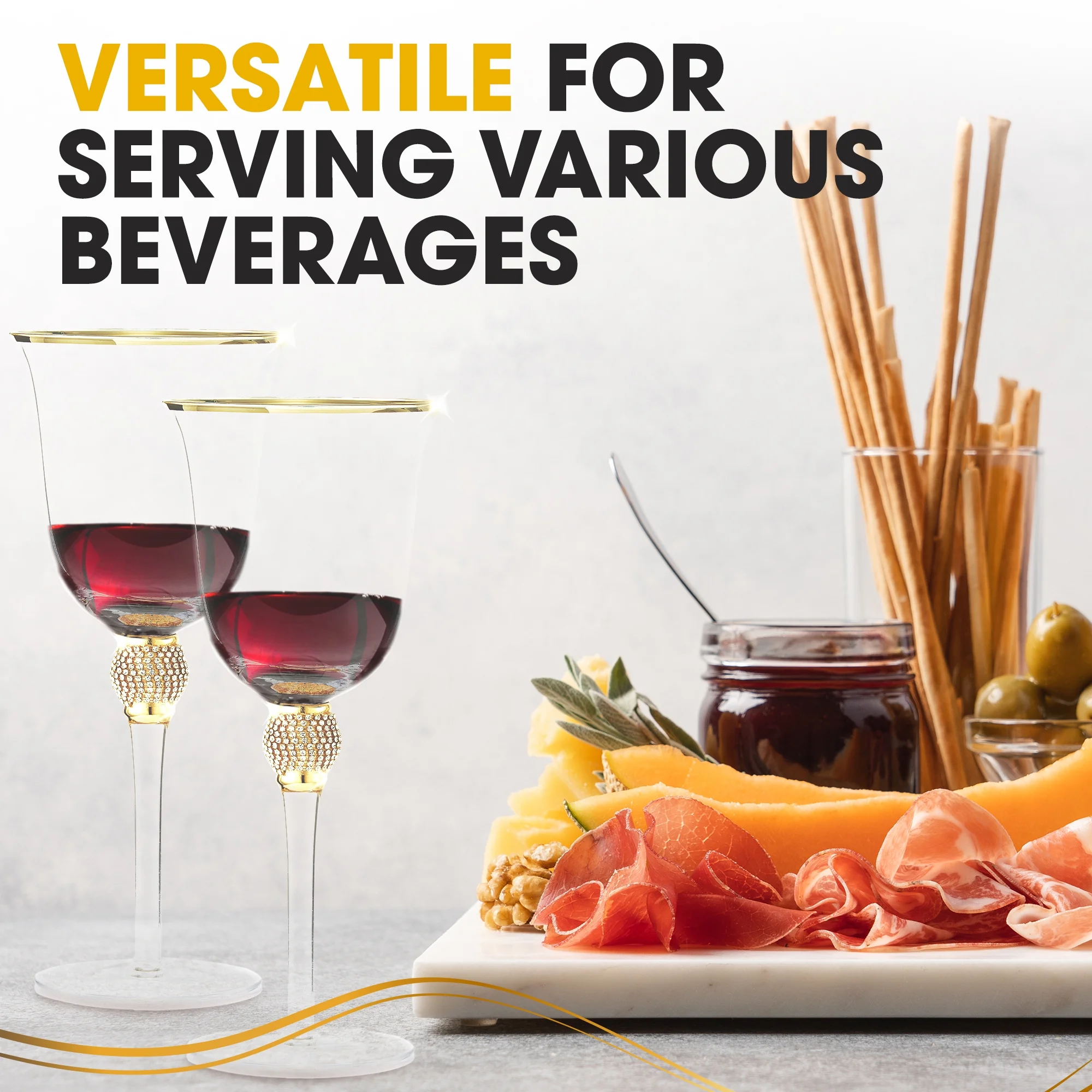 Berkware Set of 6 Gold tone Wine Glasses - Luxurious Rose and White Wine Glass with Dazzling Rhinestone Design and Gold tone Rim