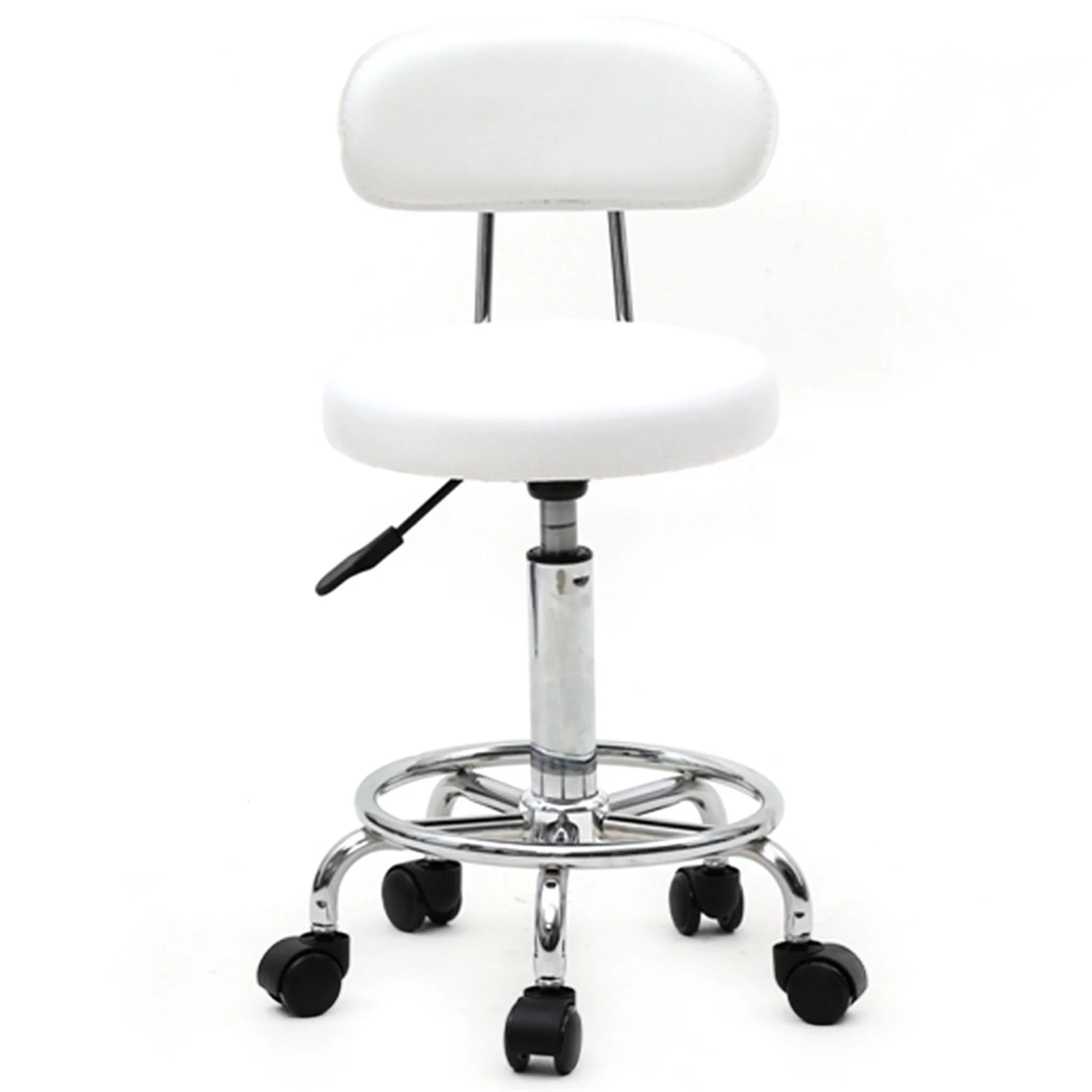 Veryke Counter Height Bar Stools, Salon Stools Chair Round Stool with Wheels, PU Leather Adjustable Rolling Stool, White