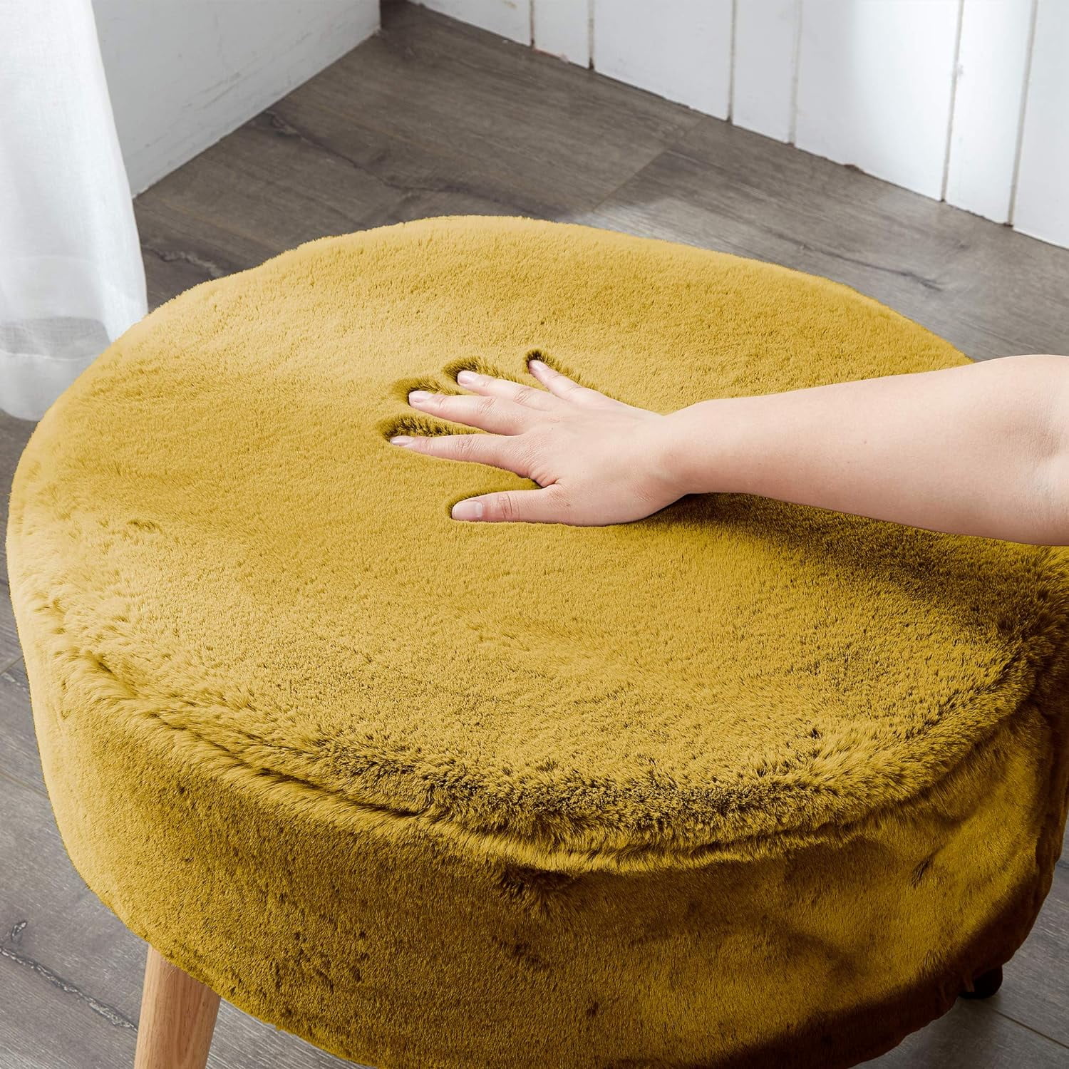 Yellow Heavy Faux Fur Oval Ottoman, 22'' X 18'' X 18'', Lemon Curry, Super Soft Fuzzy Round Makeup Ottoman Bedroom Foot Rest Stool For Living Room Entryway Chair Home Decor