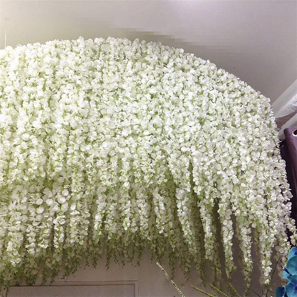GHOJET Artificial Silk Wisteria Flowers,20pcs Beautiful White Artificial Silk Wisteria Flowers Hanging Rattan Bride Flowers Wedding Garland Vine Ivy Ceiling Decoration