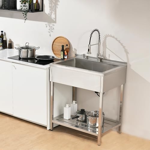 Stainless Steel Utility Sink Free Standing, Large Freestanding Laundry Sink with Faucet 16 Gauge Stainless Outdoor Single Bowl Commercial Sinks for Restaurant Garage (30.7