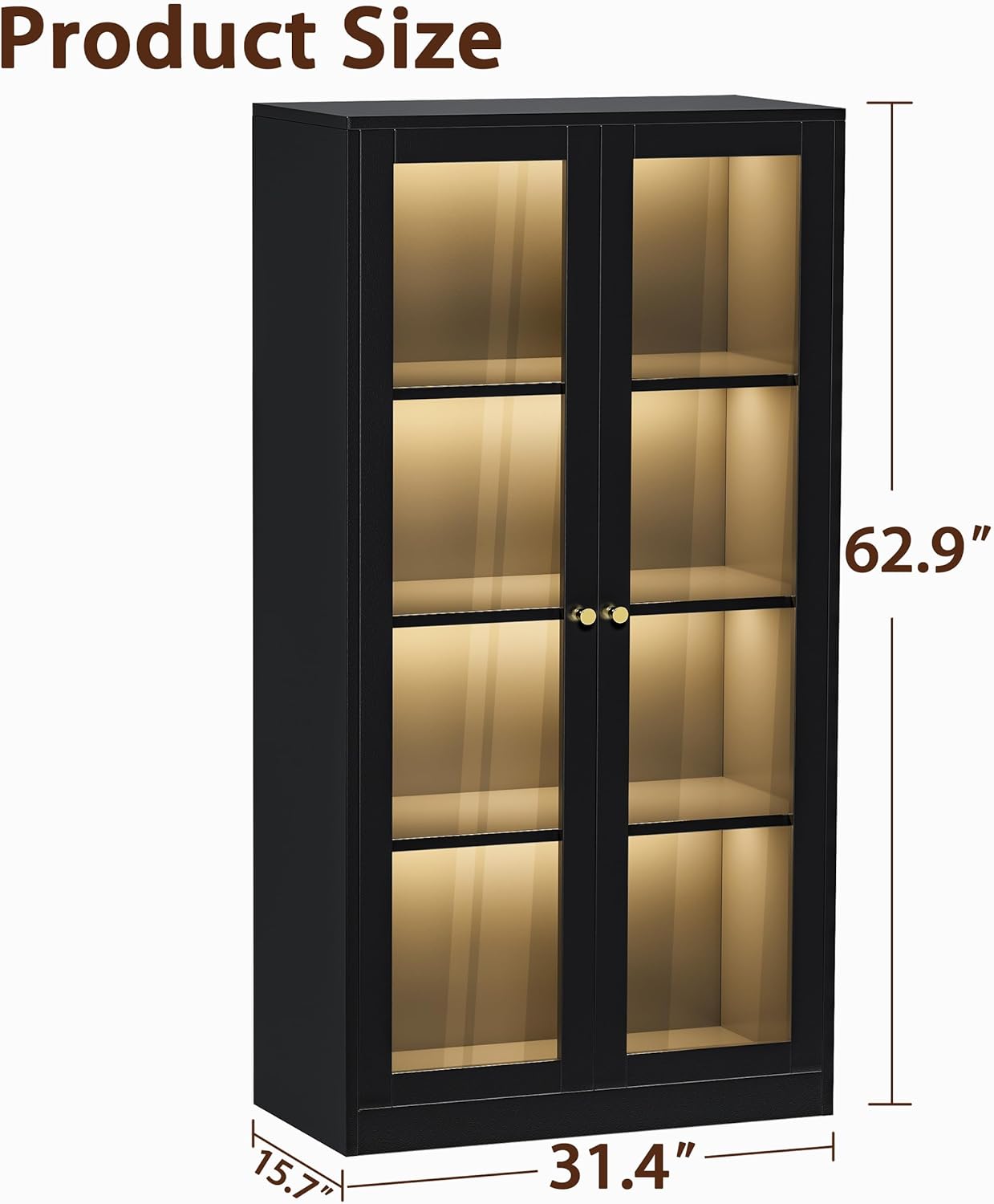 63'' Display Cabinet, Glass Display Cabinet with LED Light, 3 Adjustable Shelves, Curio Cabinet with Glass Doors for Home, Office, Collectibles, Pantry, Large Capacity (Black)