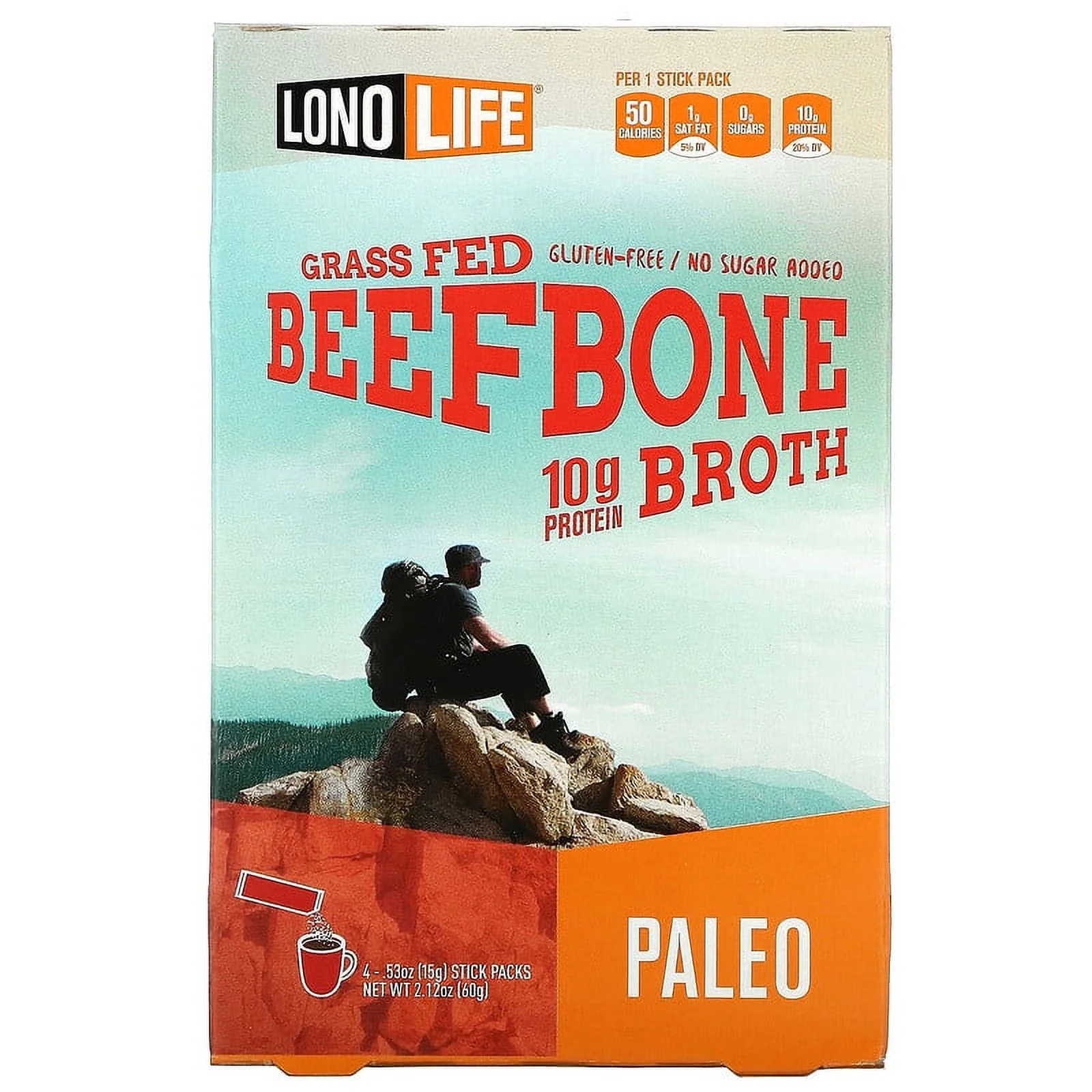 Lonolife, Broth, Beef Bone, Paleo, 4 Stick Packs, .53 oz Pack of 2