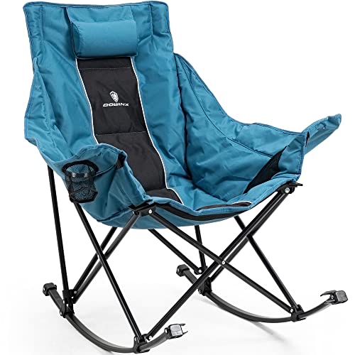 Dowinx Oversized Rocking Camping Chair, Fully Padded Patio Chair with Side Pocket and Carry Bag, High Back Portable Lawn Recliner with Headrest, Support 300 lbs, Grey