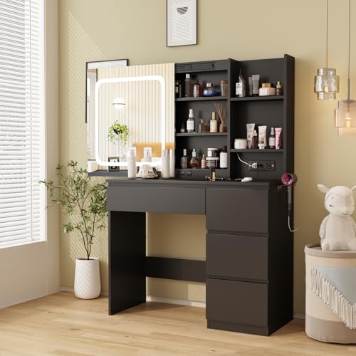 Vabches Vanity Desk with Mirror and Lights,Make Up 4 Drawers Table with Glass Door Storage Cabinet,Charger Station,3 Lighting Color Dressing Table for Bedroom,37inch,White