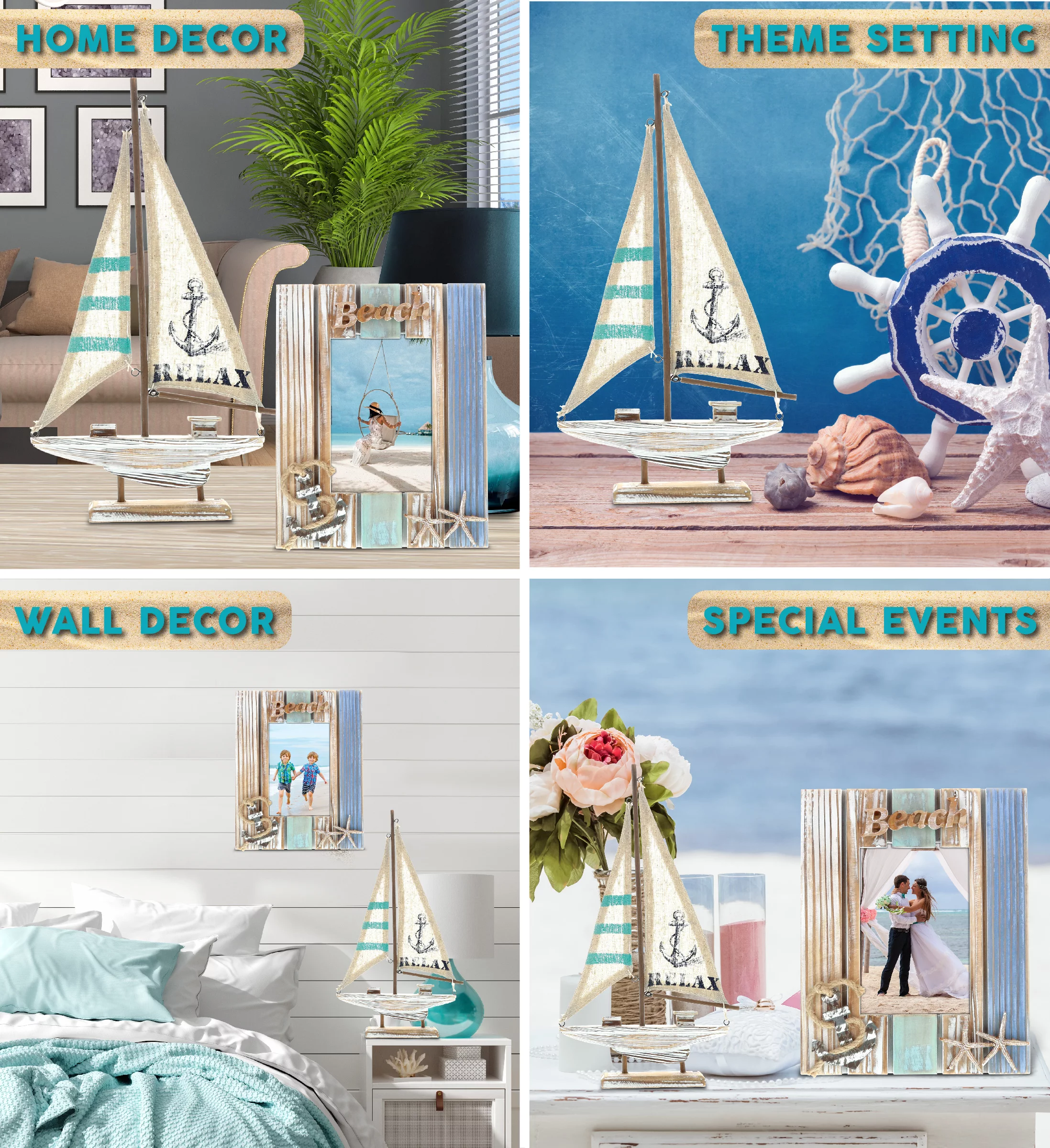 CoTa Global Aquarius Nautical Collection - White Distressed Wood Starfish Photo Frame and Large Handmade Wooden Boat Decor, Nautical Themed Tabletop Accent Decor, Handmade Color May Vary - 2 Pieces