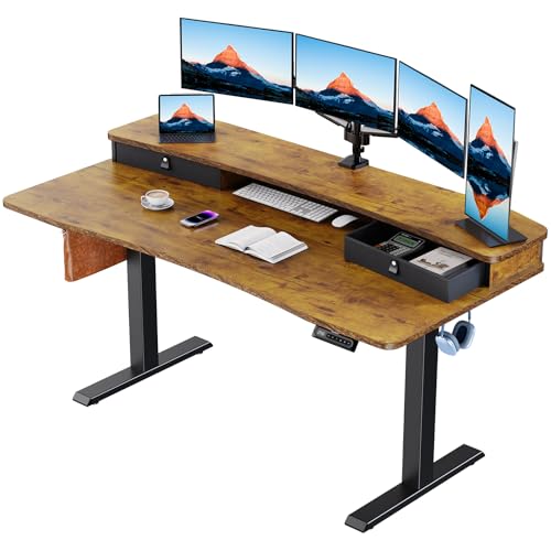 HUANUO 48″ x 24″ Electric Standing Desk with 2 Drawers, C-Clamp Mount Compatible, Height Adjustable Computer Desk, Home Office Stand Up Desk with 4 Preset Heights & 2 Hooks, Black