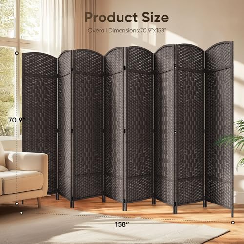 JOSTYLE Folding Privacy Room Divider, 4 Panel Screen Divider 6 ft. Tall Freestanding Extra Wide Rattan Room Partition Wall Separation Dividers, Grey