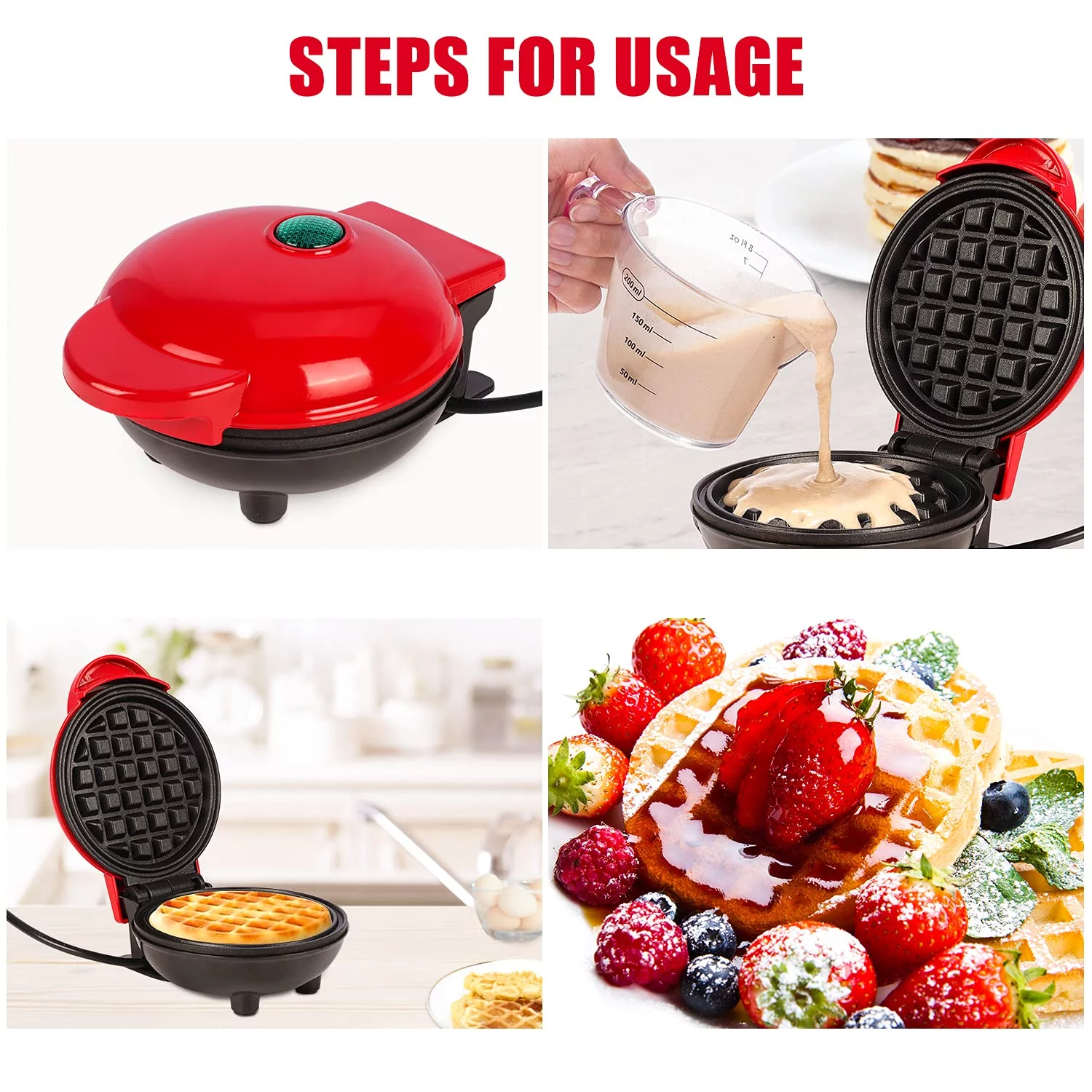 Mini waffle maker, 4 inch Portable Electric Non-Stick Waffle Iron, suitable for making waffles, pancakes, Paninis and other delicious breakfasts.Red