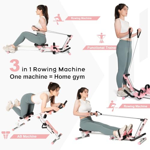 Tousains 3 in 1 Foldable Rowing Machine, AB Machine with 3 Level Angle & Led Monitor, Multi-Functional Rower Fitness Equipment Home Gym Full Body Fitness Machine