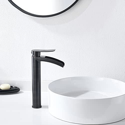 Phiestina Brushed Gold Tall Bathroom Vessel Sink Faucet, Single Hole Single Handle Waterfall Modern Bathroom Faucet, with Pop Up Drain and Water Supply Line, NS-SF01-BG-V