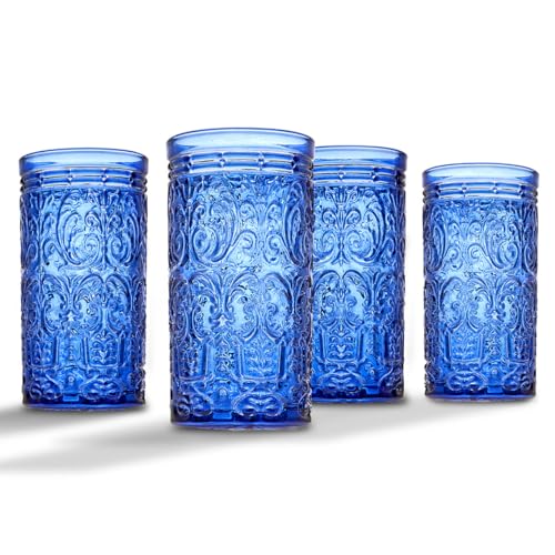 Godinger Highball Drinking Glasses, Tall Glass Cups Vintage Design - Jax Collection, Blue, Set of 4